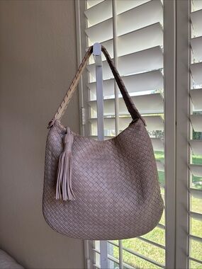 MILANER Ziza Woven Leather Hobo Purse Shoulder Bag Taupe Made In Italy